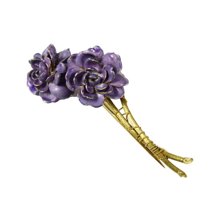 Antique enamelled gold double flower brooch by Tiffany & Co, New York, c.1900,